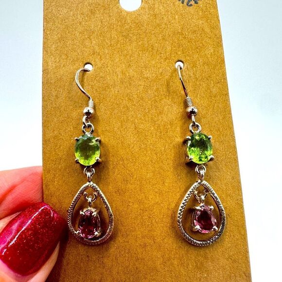 Stunning peridot and pink tourmaline in sterling silver dangle earrings!! - Picture 1 of 7